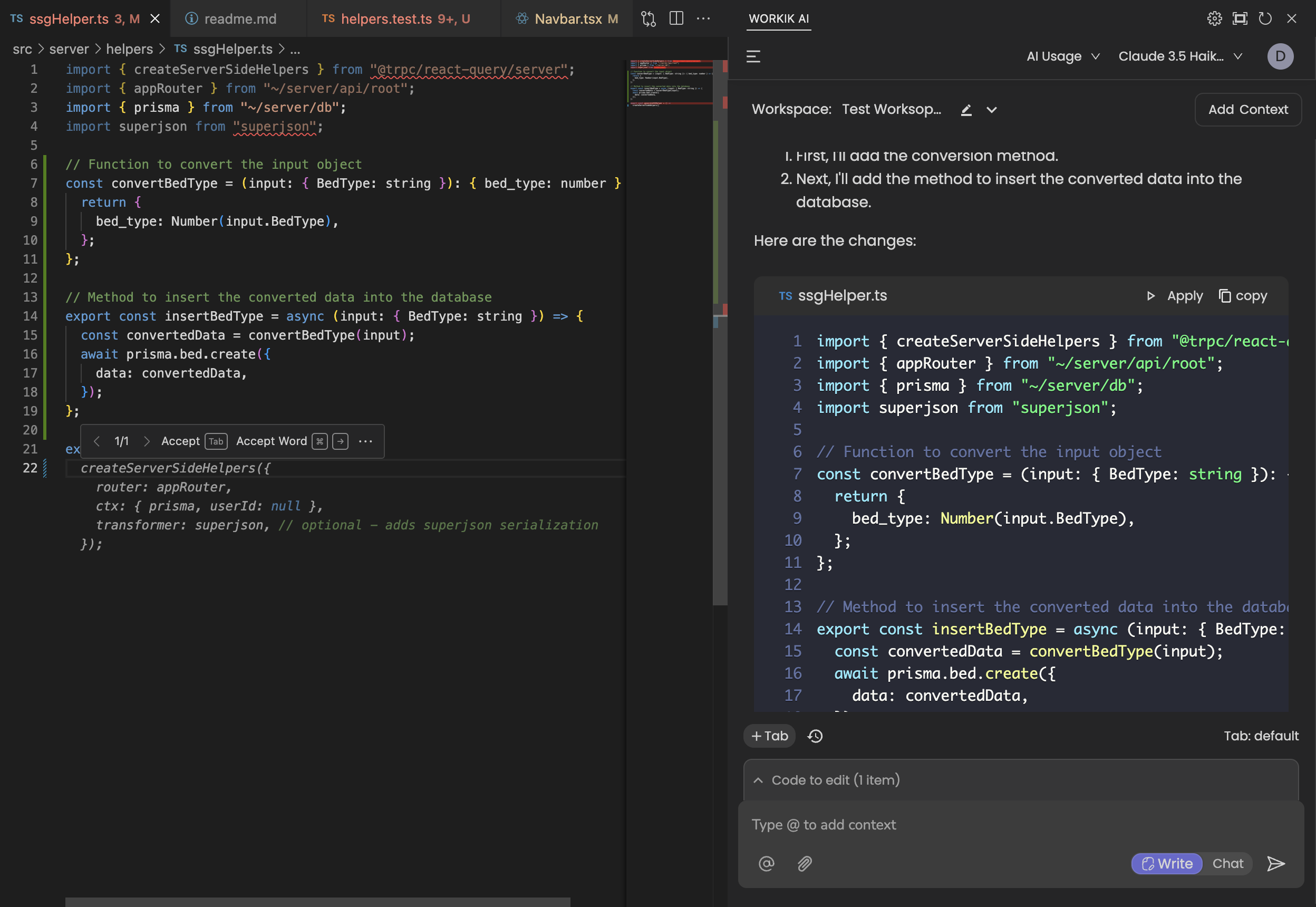 Adding DB structure to Workik workspace